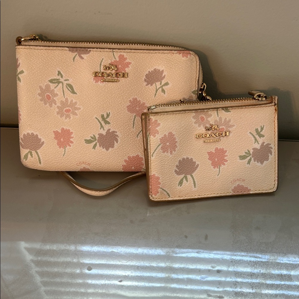 Coach Cream and Pink Floral wristletand Wallet  Set
